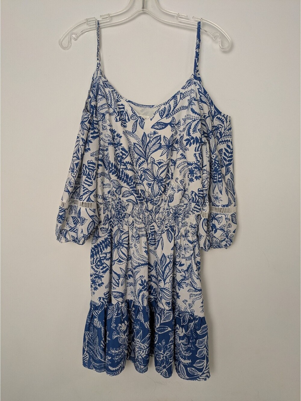 Eliza J Blue White Floral Cold Shoulder Mini Dress Smocked Waist Petite Size 12